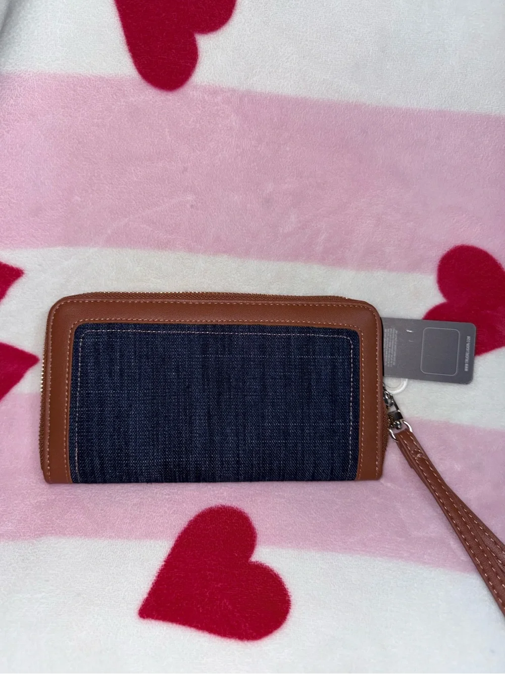 NWT True Religion Blue Denim & Brown Leather Wristlet Wallet